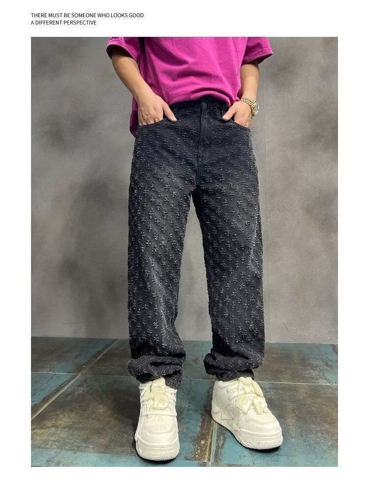 American Style High Street Ripped Jeans Men'S Summer Jacquard Design Sense Parisian Style Pants Trendy Brand Vibe Straight Pants - Image 1